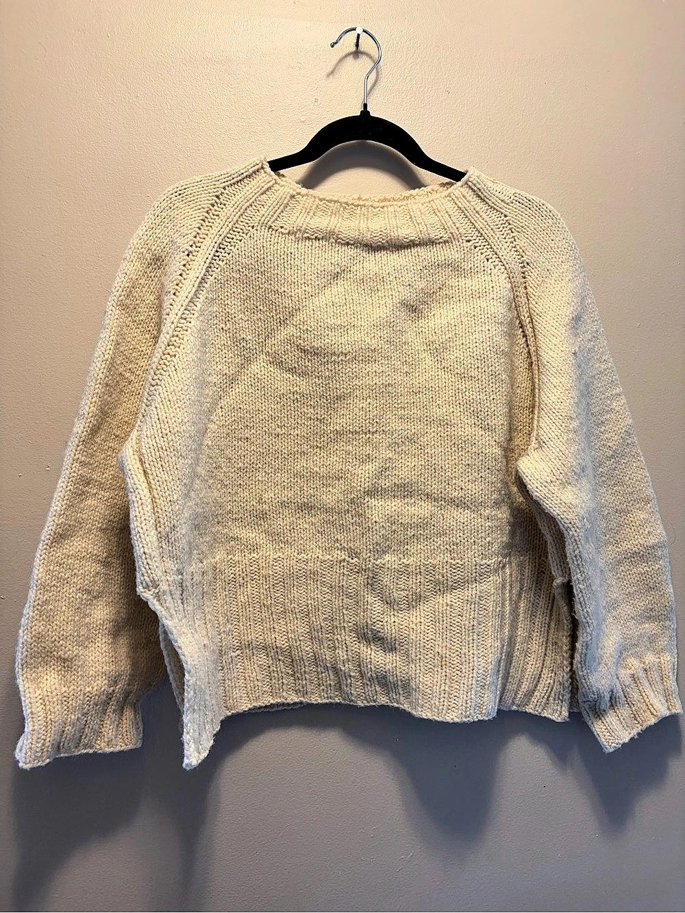 Handmade Cream Knit Crew Neck Sweater With a Split Hem